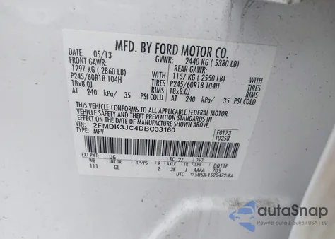 2013 Ford Edge Sel из США, поврежденный, VIN 2FMDK3JC4DBC33160